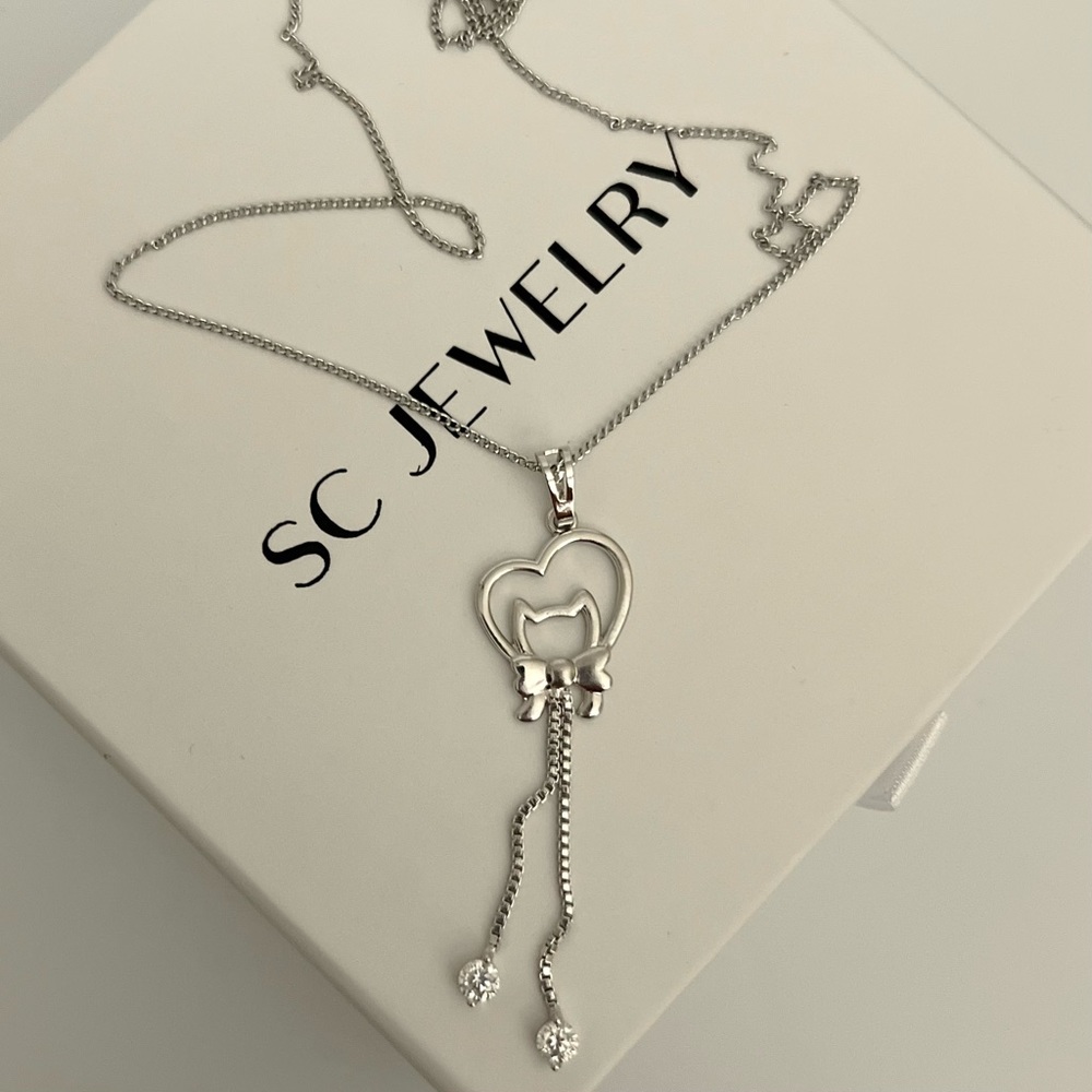LAST ONE Cat with Heart Platinum Color Elegant  Necklace - Picture 3 of 5